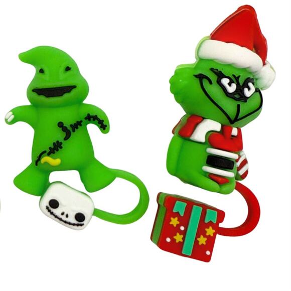 Oogie Boogie & The Grinch 3D Straw Topper Covers Bundle Green Stocking Stuffers - Picture 1 of 3
